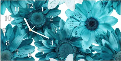 Produktbild von Wanduhr aus Glas mit Motiv Blaue Blütenpracht- 60 x 30 cm - inkl. Aufhängesystem