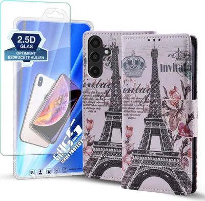 Produktbild von Handy Hülle für Samsung Galaxy A16 / A16 5G mit 9H Displayglas Klapphülle Bookcase Flip Cover Handy Tasche Etui Motiv: Eiffelturm Paris Blumen