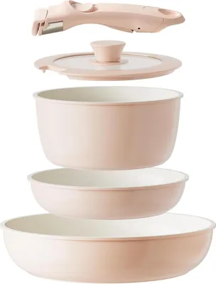 Image de Redchef set de casseroles et poêles en céramique, poignées amovibles, sans PTFE//, résistant au lave-vaisselle, 5 pièces, rose