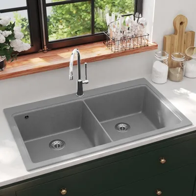 Produktbild von （Robust Möbel）Granitspüle Doppelbecken Grau DE754334 - Spülen