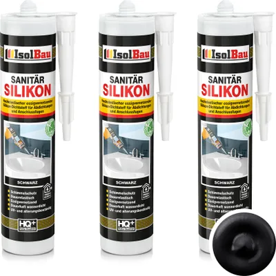 Produktbild von Isolbau Sanitär Silikon 3 x 300 ml Schwarz - Hochelastischer Silikon-Dichtstoff für Abdichtungen & Fugen – Schimmelresistent, wasserdicht -  Kartusche