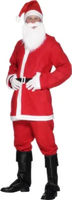A man dressed as Santa Claus, standing and posing for a product photo.