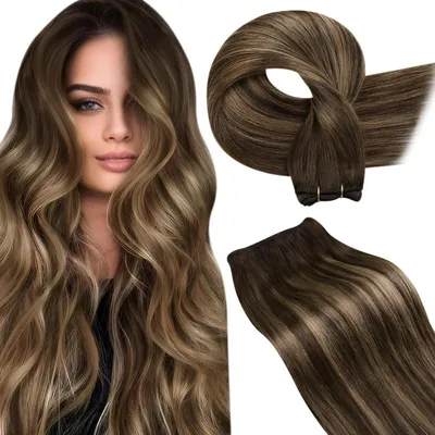 Immagine prodotto di Estensioni per capelli naturali, colore castano, tecnica balayage, micro-anelli, tessitura liscia, lunghezza 45 cm, peso 100 grammi
