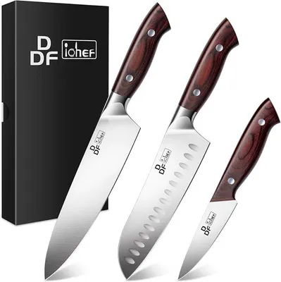 Imagen del producto de Juego de cuchillos de 3 piezas, juego de cuchillos de cocina profesionales, afilados, de acero inoxidable, con mango ergonómico. Incluye cuchillo de chef, cuchillo santoku y pelador