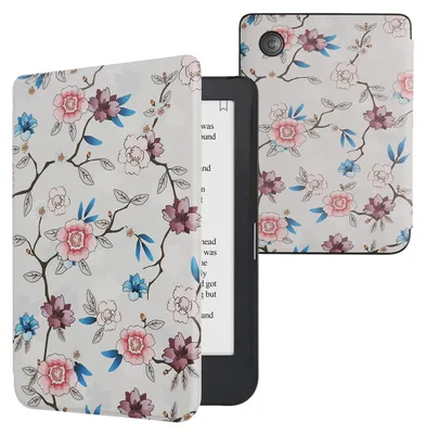 Produktbild von kwmobile Schutzhülle für Kobo Clara 2E / Tolino Shine 4 Hülle - eReader Flip Case mit Auto Sleep Funktion - Blüten und Blätter mit Weiß Rosa Blau