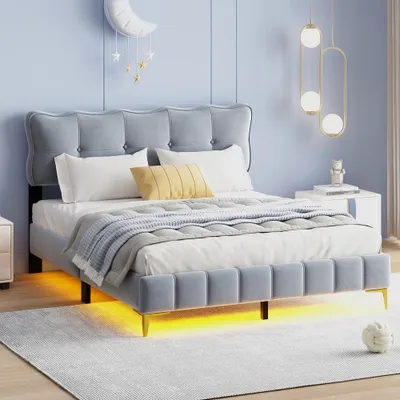 Produktbild von ProximaX Polsterbett 160 x 200 cm, Jugendbett, Doppelbett mit LED-Leuchten mit Rückenlehne mit Lattenrost Samtstoff hohe Metallfüße Grau