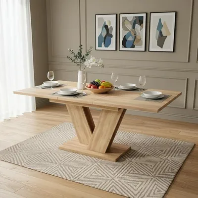 Produktbild von Esstisch ausziehbar 140/180x80 cm, rechteckiger Küchentisch für 4-6 Personen mit V-förmigen Beinen, Eichenfarbe