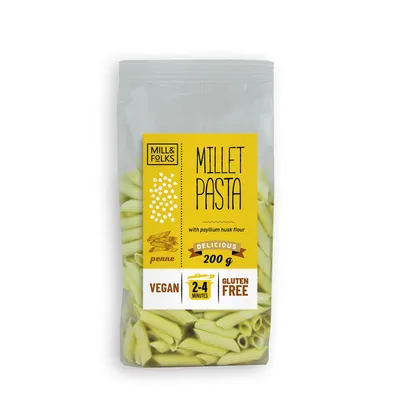 Produktbild von Mill & Folks Hirse Penne mit Kurkuma 200g / glutenfrei / vegan / ohne Zuckerzusatz