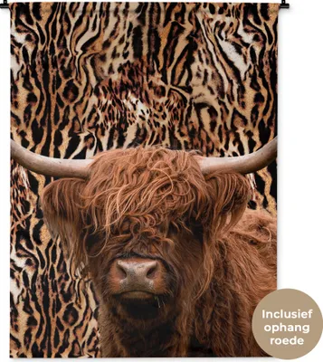 Produktbild von MuchoWow® Wandteppich Wandbehang Schottisches Hochlandrind - Pantherdruck - Kuh 120x160 cm Tapisserie Dekoration Wandtuch - Wohnzimmer - Moderne