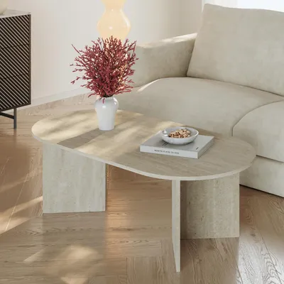 Obrázek produktu pro Konferenční stolek 'Kynd' Obývací stůl 119 x 60 x 40 cm s oválnou deskou z travertinu
