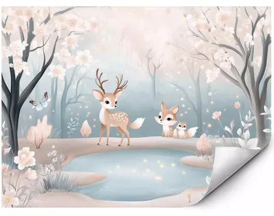 Zdjęcie produktu dla Samoprzylepna Fototapeta Las z jelonkami nad magicznym jeziorkiem do salonu sypialni biura 300x210 cm, productTiles.product.images.aiGenerated