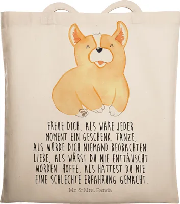 Produktbild von Mr. & Mrs. Panda Shopping Tasche Corgie - Transparent - Geschenk, Schultasche, Hund, Sprüche, Spruch, Baumwollbeutel, Beutel, Tote Bag, Lebensfroh, Corgi