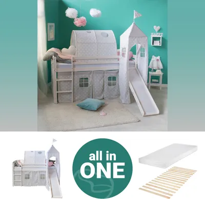 Produktbild von Homestyle4u Kinder Hochbett 90x200 weiss mit Matratze Lattenrost Rutsche