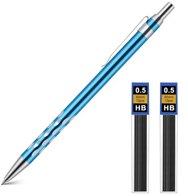 Image de Jeu de crayons à mine en métal, pointe de 0,5 mm, mine HB, couleur bleu foncé, pour écrire et dessiner