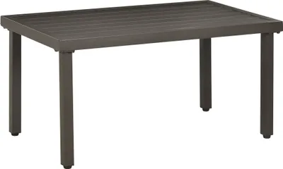 A brown rectangular coffee table with a slatted top and four legs, shown against a white background.