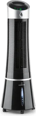 A black and silver tower fan with a water reservoir at the base.