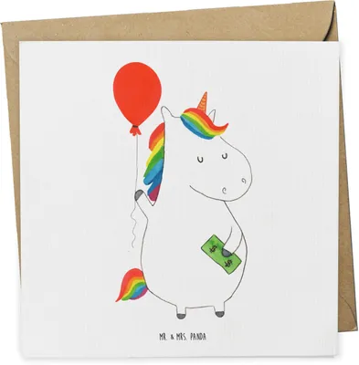Produktbild von Mr. & Mrs. Panda Grußkarte Einhorn Luftballon - Weiß - Geschenk, Geld, Glückwunschkarte, doppelkarte, anlasskarte, Freude, Klappkarte, Einhörner, Freundin, Unicorn
