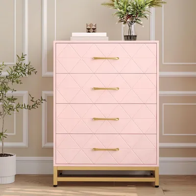 Image de Table de chevet - Commode - Table d'appoint - Rangement - Meuble - Rose - 4 tiroirs - Bois - 69 cm de hauteur