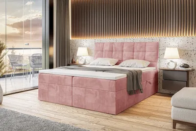 Produktbild von MEBLINI Boxspringbett mit Bettkasten - Gepolstert Doppelbett mit Matratze und Topper - Polsterbett mit Stauraum - Bett mit Kopfteil - Stauraumbett - DRAGO - 180x200 - H4/Rosa Samt