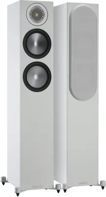 A pair of white Monitor Audio Bronze 200 6G floorstanding speakers on a white background.
