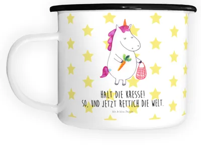 Produktbild von Mr. & Mrs. Panda Emaille Tasse Einhorn Gemüse - Weiß - Geschenk, Biomarkt, Einhörner, Haferl, Pott, Deko, Wochenmarkt, Unicorn, Teetasse, Metallbecher, Große