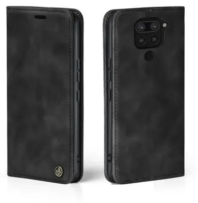 A black flip case for a smartphone, shown from two angles.