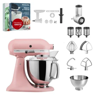 Produktbild von KitchenAid 4,8 L 5KSM175 Artisan Küchenmaschine Set 3 Gemüseschneider+Fleischwolf+Spritzge Altrosa