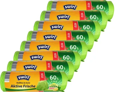 Produktbild von 8x Swirl Aktive-Frische-Müllbeutel 60 l mit Zugband, grün (8 Rollen x 8 Beutel/Rolle = 64 Beutel)