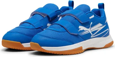A pair of blue Puma sneakers with white accents and tan soles are shown against a white background.