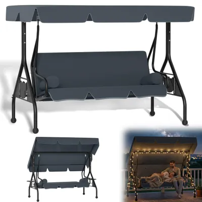 Produktbild von XMTECH Gartenschaukel 2-in-1 Hollywoodschaukel 3-Sitzer mit Liegefunktion & Sonnendach, 350 kg Tragkraft, inkl. Kissen & Beistelltische, Grau