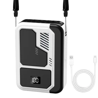 Produktbild von Taillenventilator, 3 Geschwindigkeiten, 3000 mAh Akku, LED-Display, Gürtelclip, USB 5 V – Weiß/Schwarz