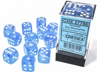 Produktbild von Chessex Borealis D6 16mm Himmelblau/Weiß leuchtendes Würfelset (12 Stück)