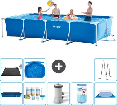 Produktbild von Intex-Schwimmbecken mit rechteckigem Rahmen – 450 x 220 x 84 cm – Blau – im Lieferumfang enthalten Abdeckung - Wartungspaket - Filterpumpe für Schwimmbad - Filter - Bodenplane - Solarmatte