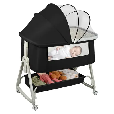 Produktbild von Verstellbares 6-stufiges Babybett, Reisebett, Kinderwagen mit Rädern und zusammenklappbar, schwarz