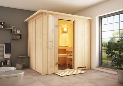 Image de Sauna Karibu Sodin (entrée frontale), porte entièrement vitrée, transparente, sans accessoires