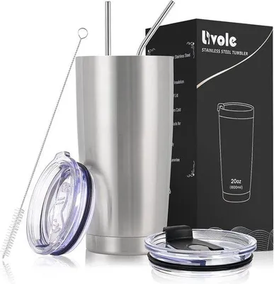 Produktbild von Famanu Thermobecher 550 ml - Silber, doppelwandig, mit Strohhalm und Deckel