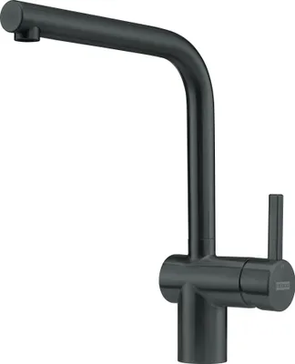 A black kitchen faucet against a white background.
