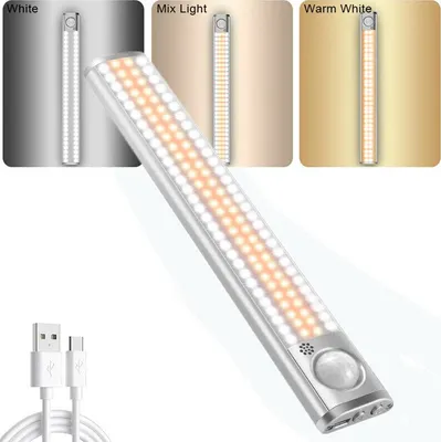 Image de 80/120/160LEDs 3 couleurs de lumière PIR Détecteur de mouvement Led Lumière de cabinet Eclairage d'armoire à intensité variable USB Rechargeable Lampe de nuit 3 modes - 160LED