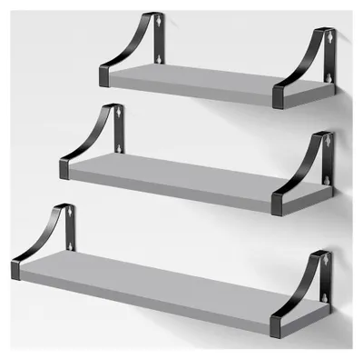 Produktbild von 3 Stück Wandregal aus Holz und Metall, Wandregale zur Aufbewahrung, rustikaler Metalldraht, für Wohnzimmer, Schlafzimmer, Büro, Badezimmer oder Küche (Grau)