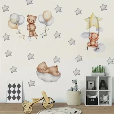 Produktbild von Wandsticker für Kinderzimmer – 3 süße Baby Bären mit Sternenballons, Dekoration für Kinderzimmerwand, Wandtattoo für Kinder