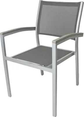 A single outdoor chair with a metal frame and mesh seat and back.