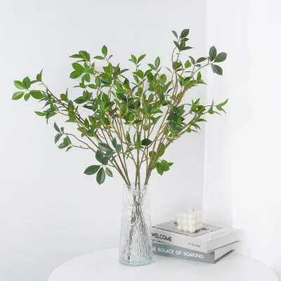 Image de 6 branches de ficus artificielles, plantes artificielles, tiges vertes réalistes, décoration de branches avec des feuilles d'eucalyptus, plante verte artificielle pour vase de sol, maison, mariage, décoration de bureau