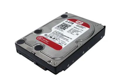 A Western Digital Red 3TB internal hard drive is shown from a slightly elevated angle against a white background.