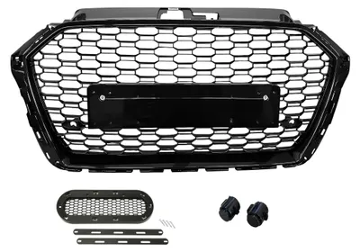 Kühlergrill Waben SCHWARZ GLANZ + Emblem Halter für Audi A3 S3 8V ab 2016 – Produktansicht