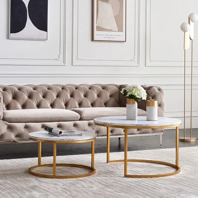 Produktbild von Fortuna Lai Couchtisch 2er Set Beistelltisch Rund 80 x 45 cm & 60 x 33 cm Wohnzimmertisch Sofatisch Marmor Muster Holztisch Metallrahme Gold
