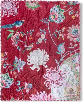 Produktbild von Happiness Wohndecke mit Pompoms und Blumen - 130x160 cm - 100% Polyvelvet
