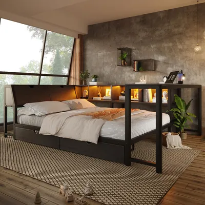Productafbeelding van Metaalbed 140x200 cm met opbergruimte in het hoofdeinde, een geïntegreerd bureau, 2 lades en meerkleurige LED-verlichting, constructie van MDF en metaal, kleur: zwart