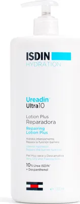 A white pump bottle of Isdin Ureadin Ultra10 Lotion Plus.