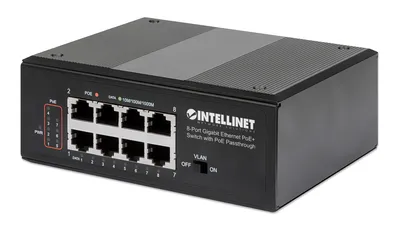 Image de Intellinet Switch Gigabit PoE+ 8 ports avec PoE-Passthrough - Un port PoE PD avec courant d'entrée de 95 W - sept ports PoE PSE - budget de courant PoE jusqu'à 120 W - conforme IEEE 802.3at/af - montage sur rail DIN - Gigabit Ethernet (10/100/1000) - duplex intégral - Pow