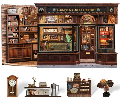 Produktbild von 3D Holzpuzzle Buchstütze Coffee Shop Miniatur Haus mit LED-Beleuchtung 21x13.2x17cm